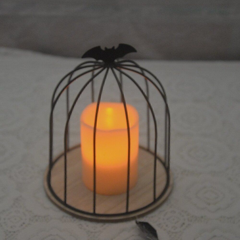 Bat Birdcage Decorative Cloche with Battery Operated Candle
